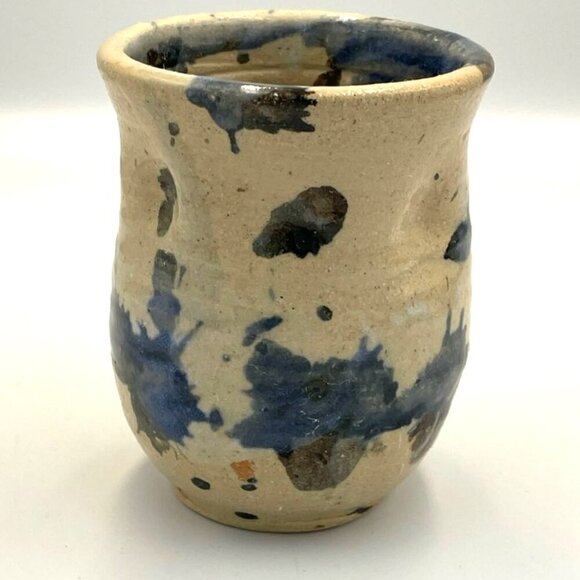 Art Pottery Coffee Mug Blue Black Beige Glazed Pinched Marked Splatter Ink Blot - Picture 2 of 7